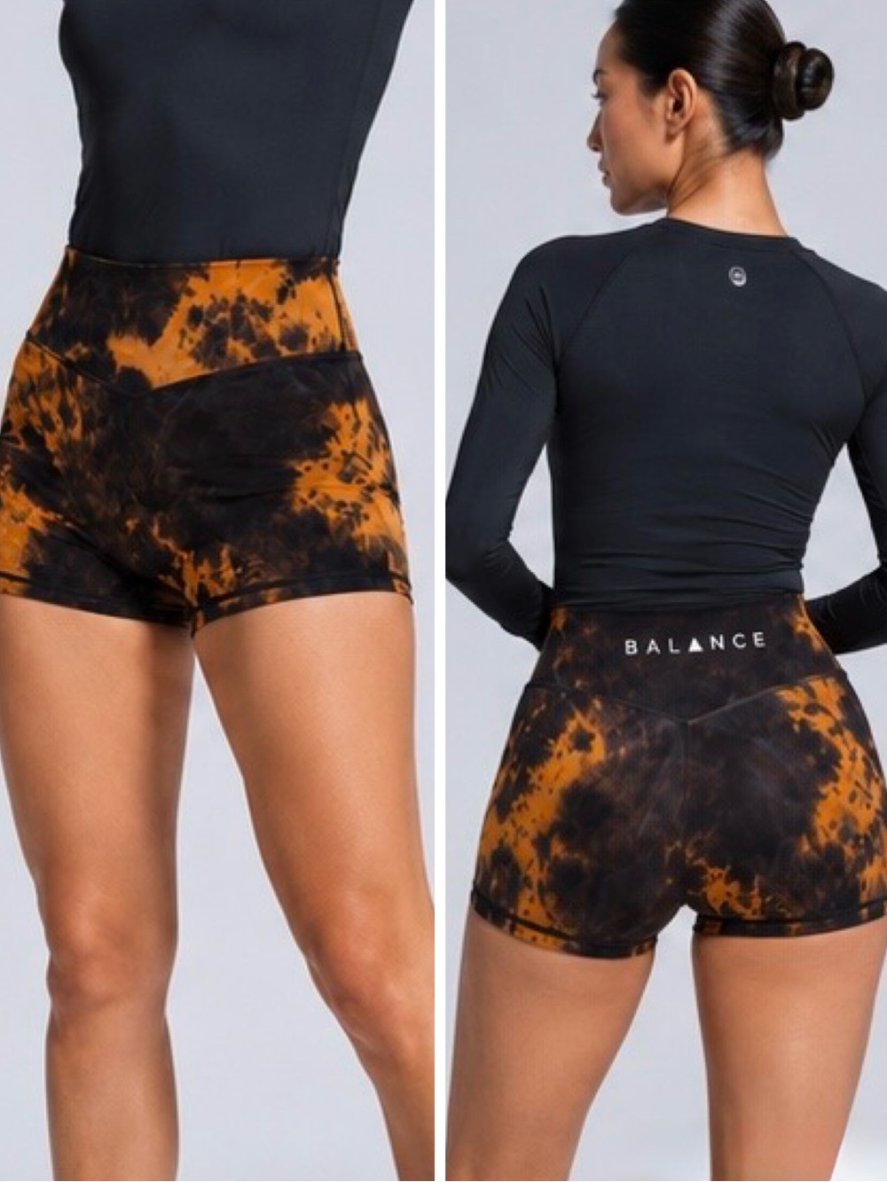 BALANCE ATHLETICA Vitality Cloud II Black & Orange Tie-Dye High-Rise Bike Shorts